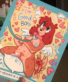 A shy anthro dog boy with red hair/ears and freckles sits naked (except a collar and nipple pasties) on a pillow, his tdick visibly hard. He's leashed to a character out of view who is praising him: "You're so cute! Good boy!" There are stars, hearts and a