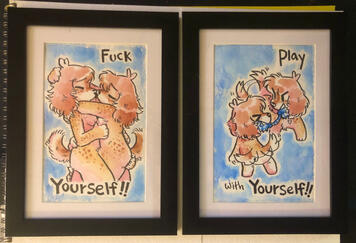 Two watercolors. The first is a pair of identical dog boys making out naked against a blue background. They have freckles and red hair and appear essentially identical. Many paws covet their bodies, as if they are in motion in the act of caressing various